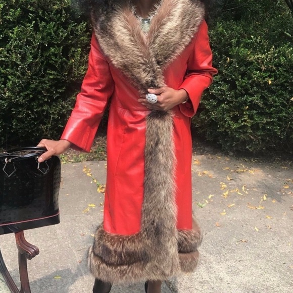 Vtg Designer Samuel Robert Lipstick red leather & Raccoon fur trim Jacket Coat S - Picture 11 of 12